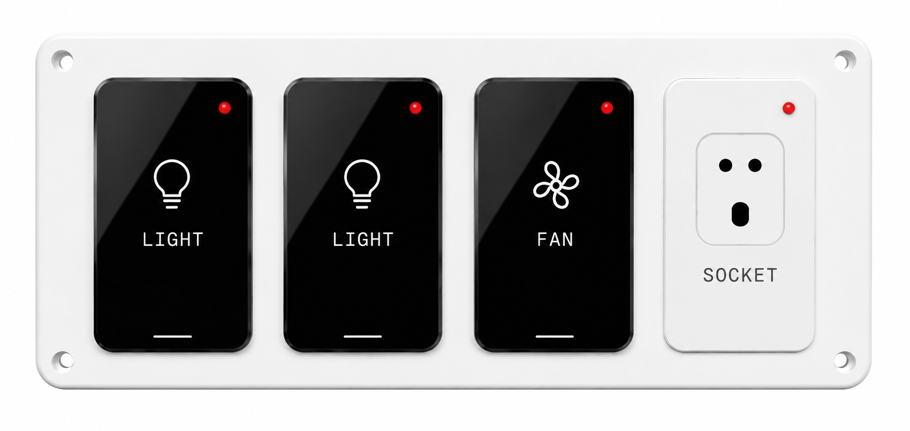 A white eWynk smart board with two light switches, a fan switch and a socket